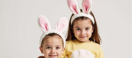 Watercolor portrait of two children dressed as bunnythemed characters isolated against a plain white backdrop photo