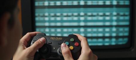 Person holding game controller before old TV showing static image photo