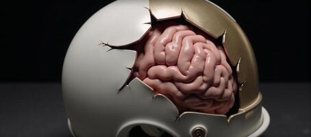 Brain inside cracked football helmet symbolizing concussions effect on mental health photo