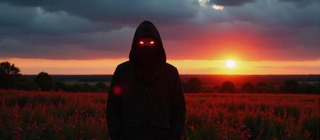 Figure in redeyed hooded jacket amidst glowing sunset and blooming wildflower field photo