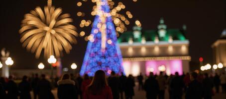 An abstract holiday scene features celebratory firework bokeh and golden festive glitter lights against a blueandblack backdrop photo