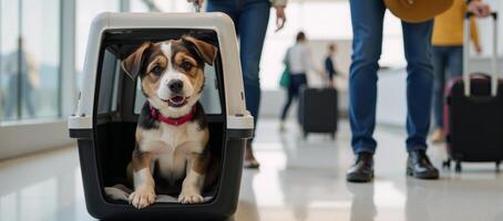 A cute dog traveling in a pet carrier at an airport terminal with its owner photo