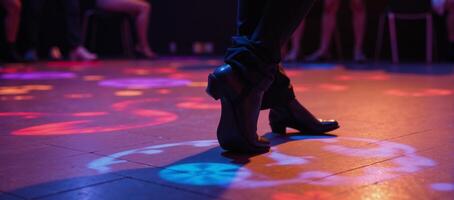 Illustrated scene featuring a lively dancefloor under vibrant lights showcasing a dancer in black boots photo