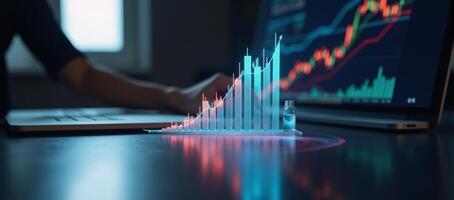 Futuristic 3D stock market growth chart for marketing illustrations photo