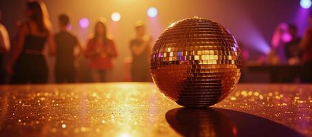 Lively party scene featuring a shimmering gold disco ball and its reflective bokeh effects against a festive backdrop Shiny Glittering Reflections photo