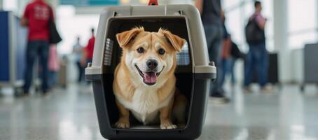 A dog in a travel carrier is depicted enjoying itself at an airport terminal photo
