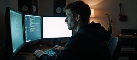 A hooded hacker engrossed in cybercrime with multiple screens and dimly lit surroundings photo