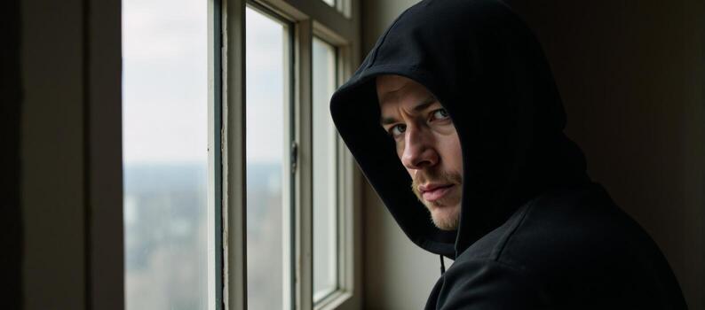 A mysterious hooded figure gazes intently from behind a window photo