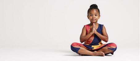 A simple 2D illustration depicts a young black girl praying in a plain setting photo