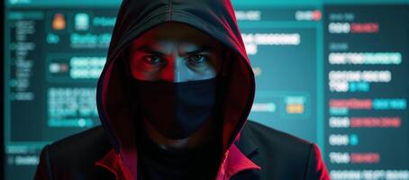 Cybercriminal depicted as a hacker with hoodie on neonred digital backdrop signifying cybersecurity and protection efforts photo