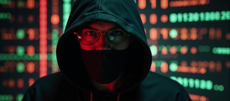Hooded hacker in front of binary code backdrop photo
