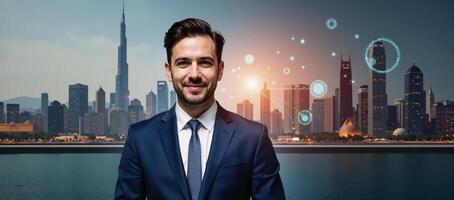 A double exposure image featuring a business person against a futuristic techfocused metropolis backdrop photo