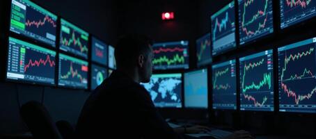 A digital illustration showcases a cluttered workspace filled with stock market charts and analytical tools against a dimly lit background photo