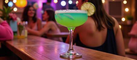 Illustration showcases a Margarita at a lively summer fiesta with salted rim and lime wedge photo