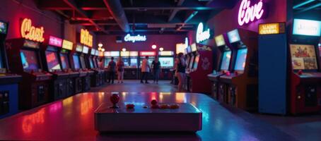 Illustration depicts a neonlit arcade center for retro gaming fun photo