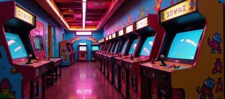 Nostalgic arcade room illustrated with retro gaming cabinets neonlit floors pixelated game character murals photo