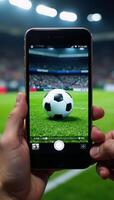Smartphone screen displaying a 3Drendered image of a soccer ball during an online game or streaming event photo