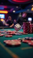 A lively casino scene with dice and poker chips flying amidst vibrant neon lights photo