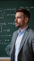 A businessman ponders amidst a wall of queries on a chalkboard photo
