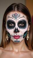 Woman portrayed with Day of the Deadinspired sugar skull makeup photo