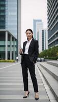 Asian Businesswoman standing on steps in black suit and holding a tablet against a backdrop of modern business buildings photo