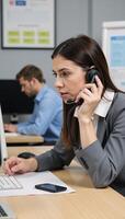 Closeup view of phoneassisting worker offering guidance over the phone photo