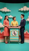 A vintagestyle game show set reminiscent of the 50s featuring a color palette of teal and coral with swirly clouds and dynamic angled elements photo