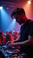 A DJ performs on a packed stage amidst an explosion of lights and sounds capturing the energy and passion of the club scene photo