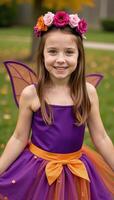Closeup portrait featuring girl in Halloween costume adorned with flower crown photo