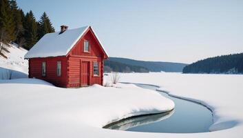 A winter wonderland scene featuring a cozy red cabin by a frozen lake evoking tranquility and escape photo