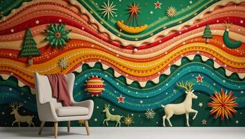A vibrant vintageinspired abstract design featuring a 1930s Christmas scene with retro wall dcor and colorful ripples waves as the perfect wallpaper or holiday card photo