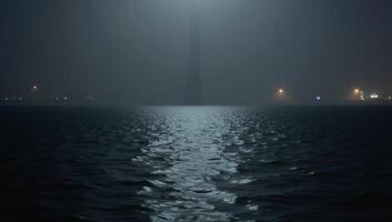 A foggy dock on still dark water at night photo