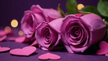 Purple Rose Background featuring Love Wallpaper filled with Heart Shaped Roses and Bokeh Lights for Valentines Day Design photo