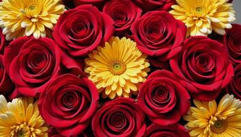 Floral composition showcasing interwoven patterns of roses chrysanthemums and marigolds photo