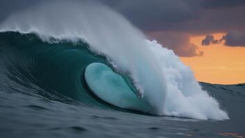 Overcast sunset reveals powerful wave in ocean waterscape photo