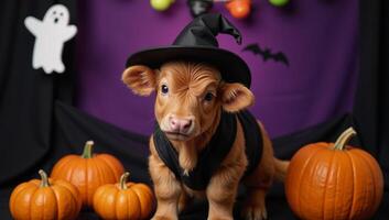 Adorable Highland Cow baby wearing a Witch costume amidst pumpkins ghosts and bats within a colorful Halloween scene photo