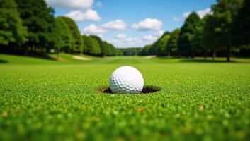 A vibrant green golf fairway framed by trees on a clear and sunny day photo
