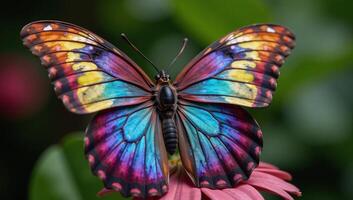 A fantasyinspired painting features a vibrantly colored butterfly perched with grand fairy wings photo