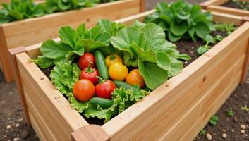 Drawing showcases a rustic raised vegetable garden bed made of wood photo