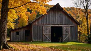 A rustic barn amidst goldenleafed autumn forest radiating nostalgic country charm photo