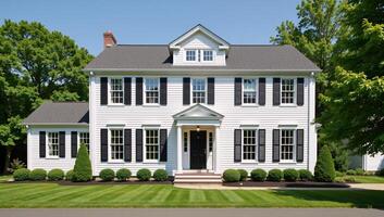 Colonial farmhouse characterized by white clapboard siding photo