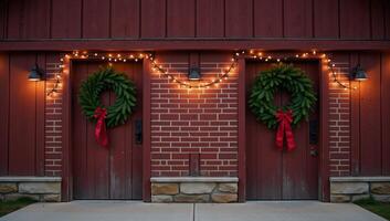 Rustic barn adorned with Christmas decorations Wreath Lights Backdrop photo