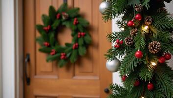 Christmas frontdoor garland adorned with festive lights photo