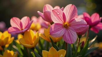 Sunlit Spring Garden Vibrant flowers shimmer as rain drops dance in morning light photo