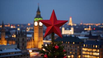 A red star adorns a Christmas tree amidst Londons Bokehlit nightscape photo