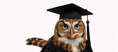 A graduating owl in brown coat with orange beak and blue eyes photo