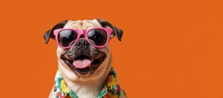 Cute Pug dons trendy pink shades Hawaiian shirt against orange backdrop travelthemed illustration photo