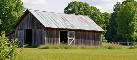 Rustic watercolor image featuring a charming barn on a picturesque farm photo