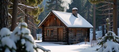 Cozy wooden cabin nestled amidst a snowy winter forest photo