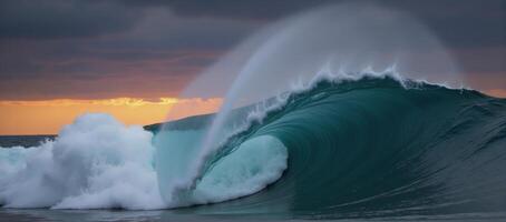 Overcast sunset reveals powerful wave in ocean waterscape photo